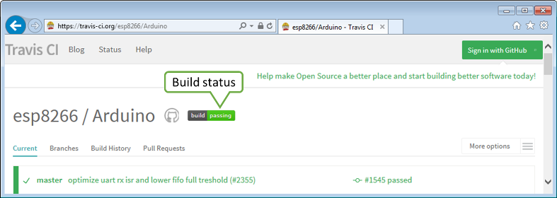 Build status of esp8266 / Arduino repository on Travis CI site
