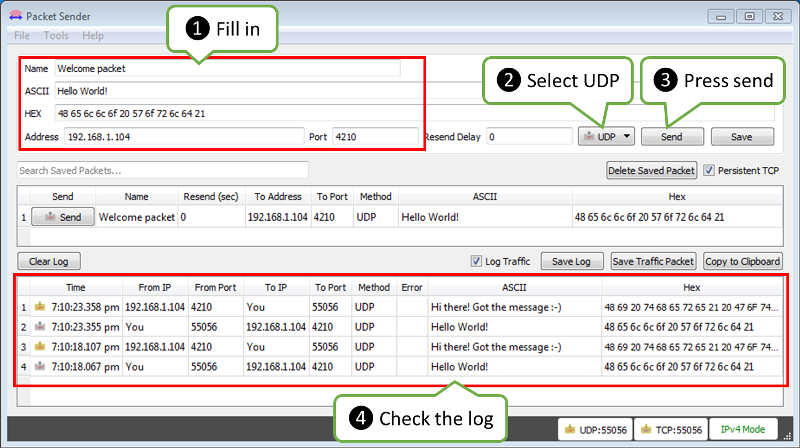 Testing UDP with packet sender